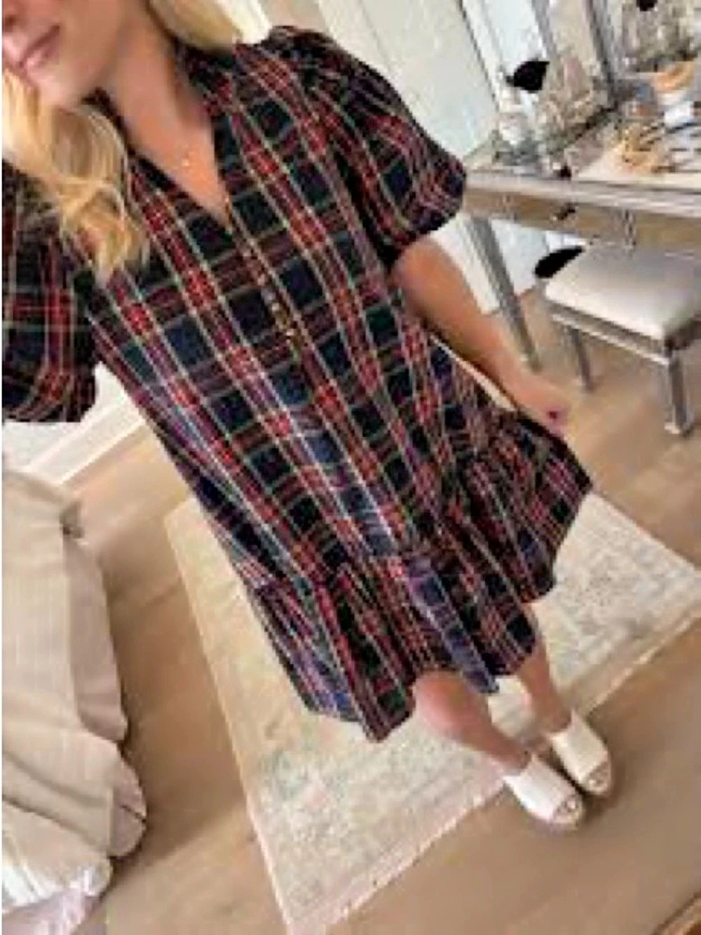entro Plaid Puff Sleeve Mini Dress in Navy & Red Size Medium Like
